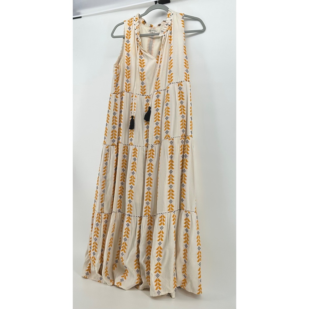 Versona Womens Cream Mustard Yellow Geometric Tiered Tassel Maxi Dress Medium